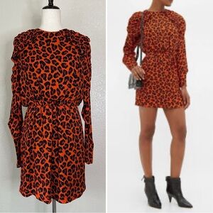 MSGM Milano Ruffled Orange Leopard Print Crepe Mini Dress, Sz Medium